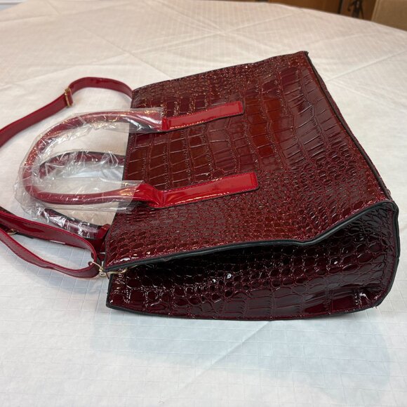 Burgundy and Red Faux Crocodile Embossed patent leather top handle Crossbody Bag - Picture 12 of 16